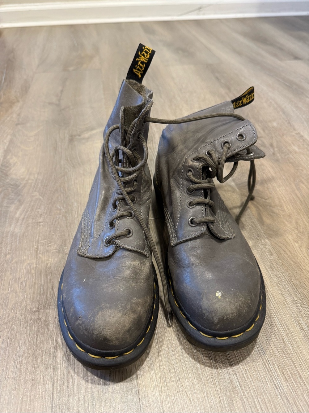 Dr. Martens Gray Leather 8-Eye Lace-Up Boots with Yellow Stitching